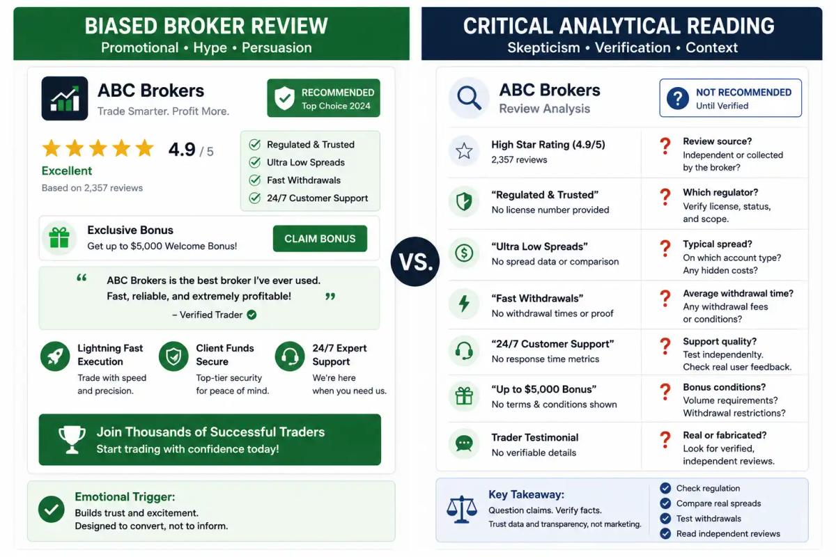 Comparison of biased broker review versus critical analytical reading of a broker review