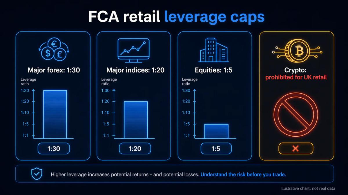 Table showing FCA retail leverage caps across asset classes: forex 1:30, indices 1:20, equities 1:5, crypto restricted