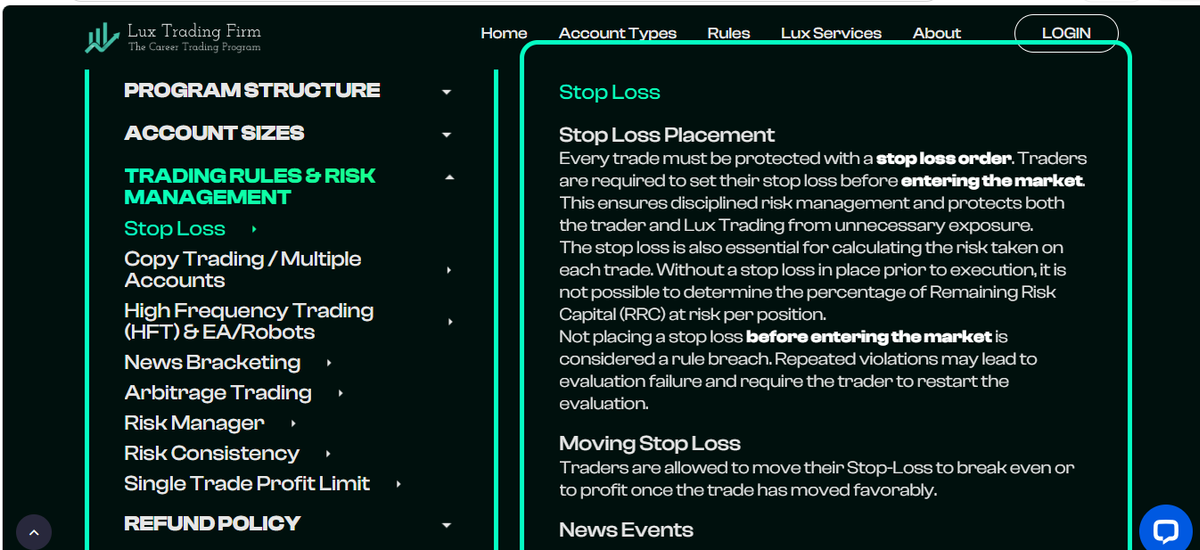 Trading rules highlighting mandatory stop loss, single-trade risk cap and drawdown