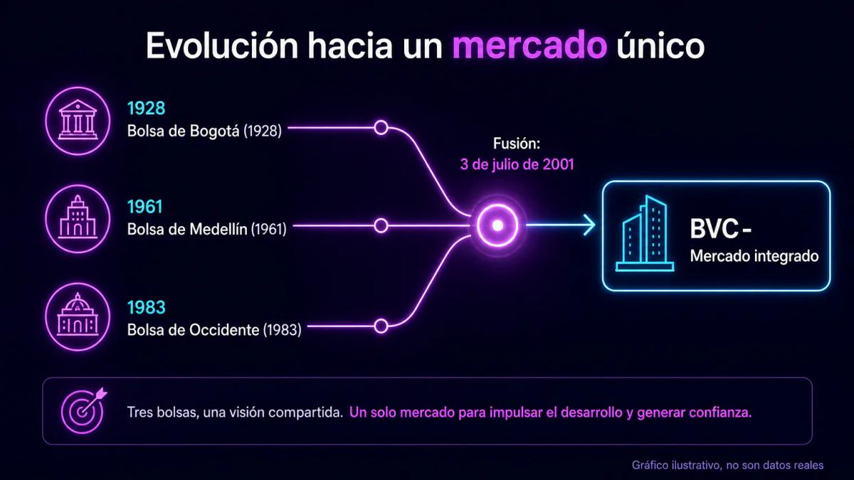 Línea de tiempo que muestra la fusión de tres bolsas regionales en 2001: Bogotá 1928, Medellín 1961 y Occidente 1983 convergi