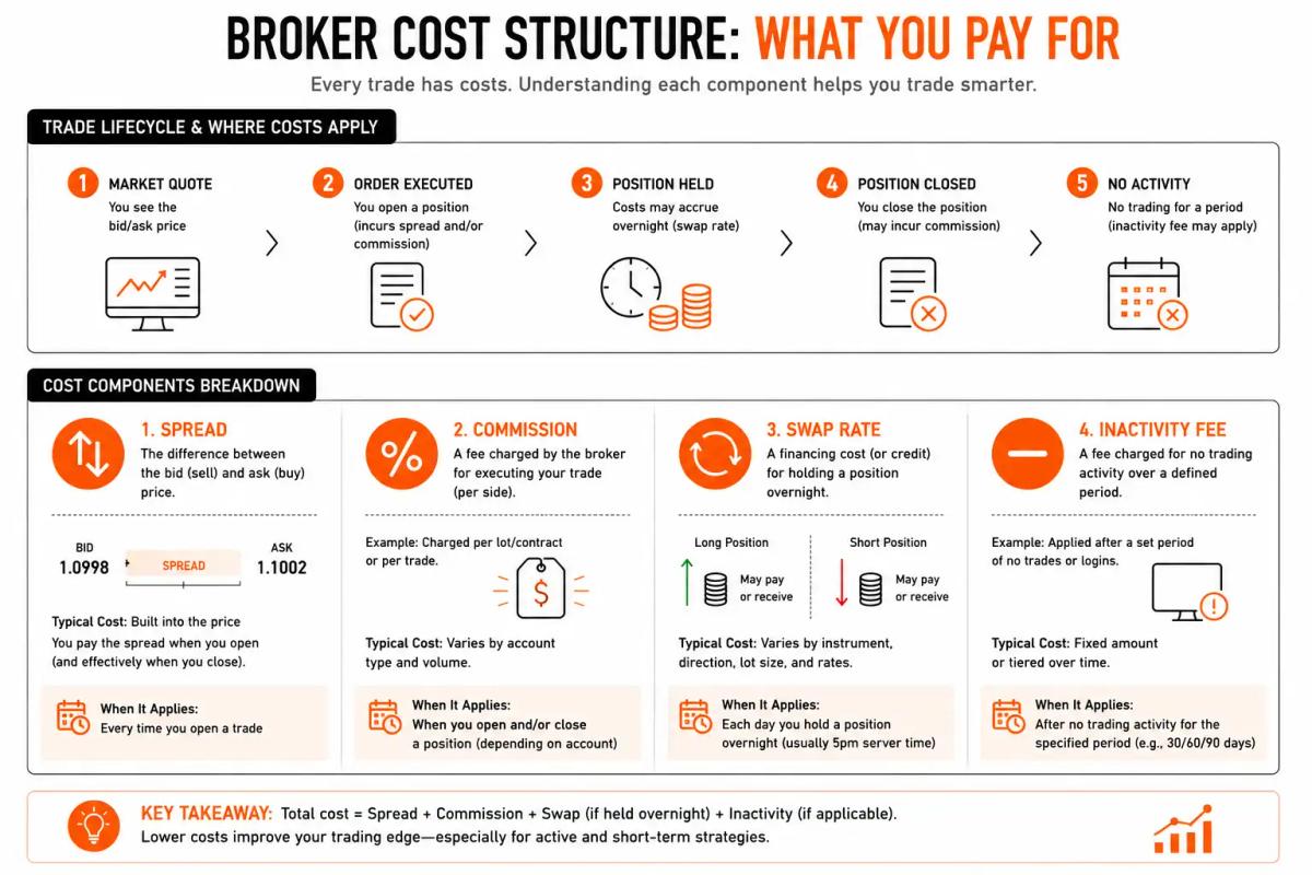 Annotated breakdown of a typical broker cost structure showing spread, commission, swap rate, and inactivity fee as labeled components of a trade and account lifecycle