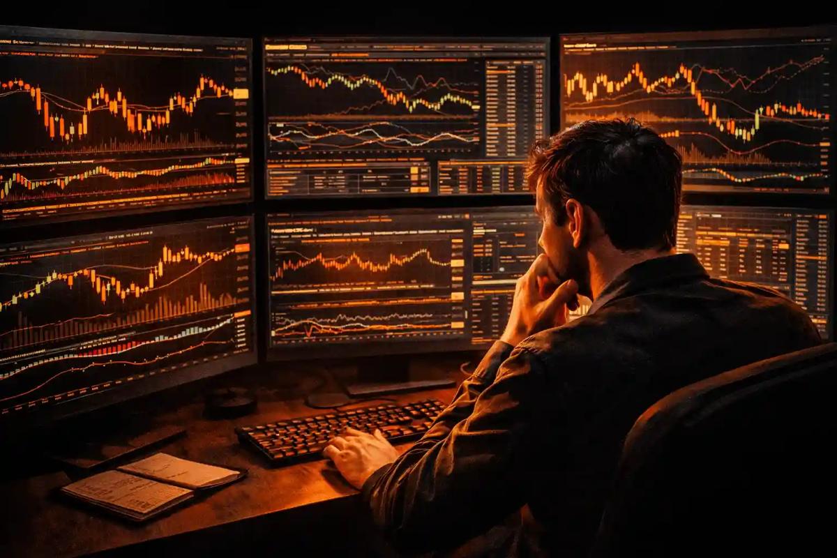 Trader overwhelmed by multiple monitors showing charts and indicators, hesitating to make a decision