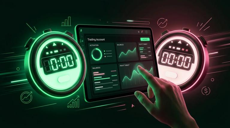Cronometro digitale che conta alla rovescia mentre una mano attiva un conto di trading su uno schermo