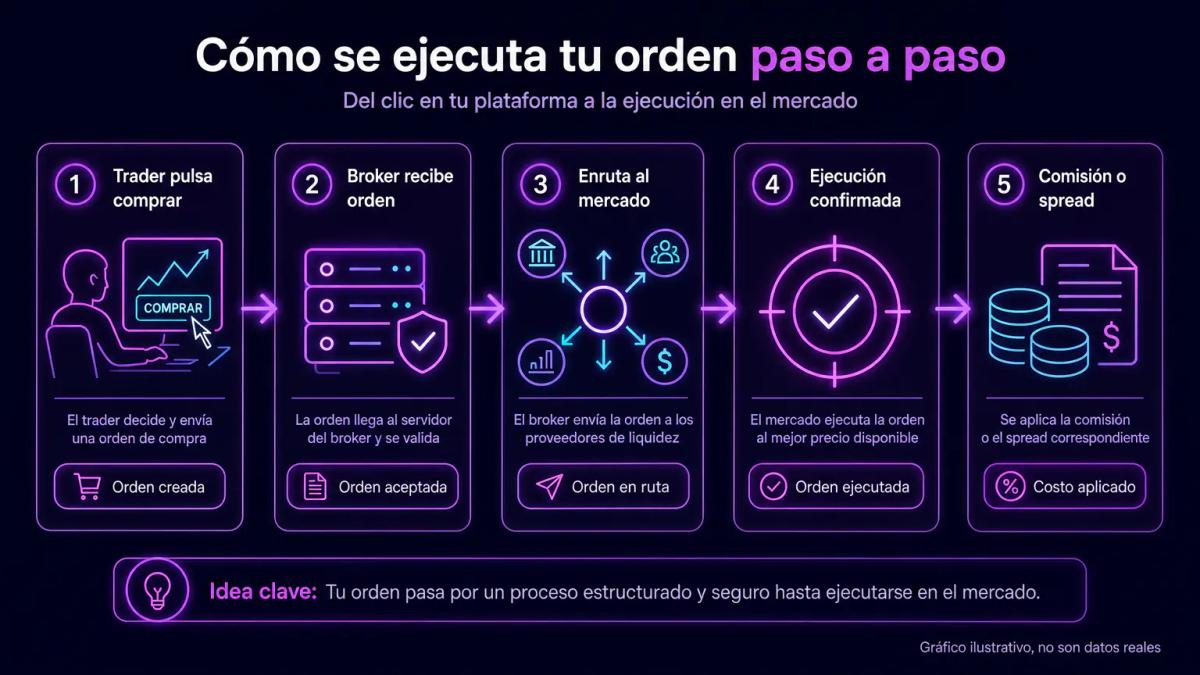 Diagrama de flujo mostrando cómo una orden de trader viaja a través del broker hacia el mercado