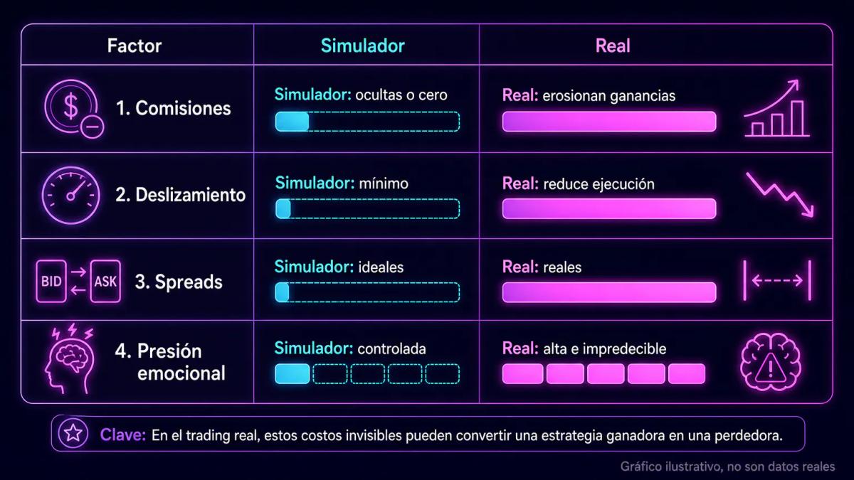 Tabla comparativa de cuatro factores entre simulador y trading real con iconos visuales