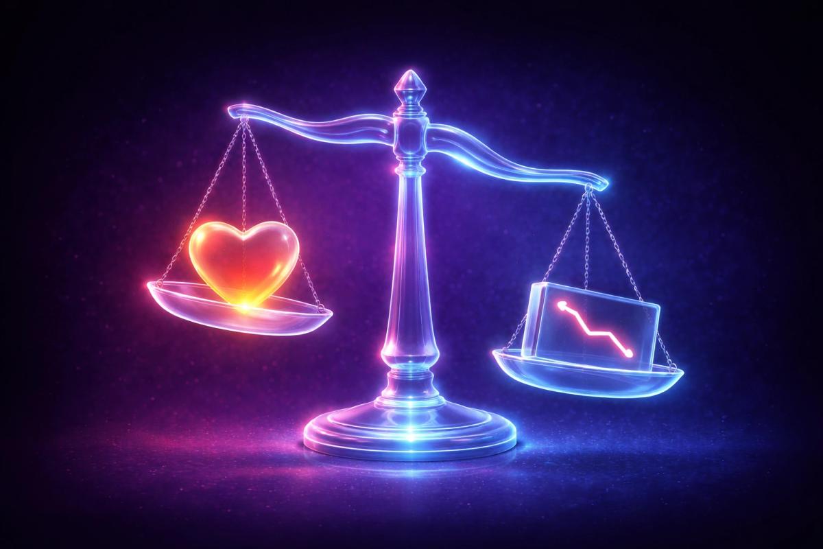 Balanza de cristal translúcido con corazón y gráfico descendente en desequilibrio