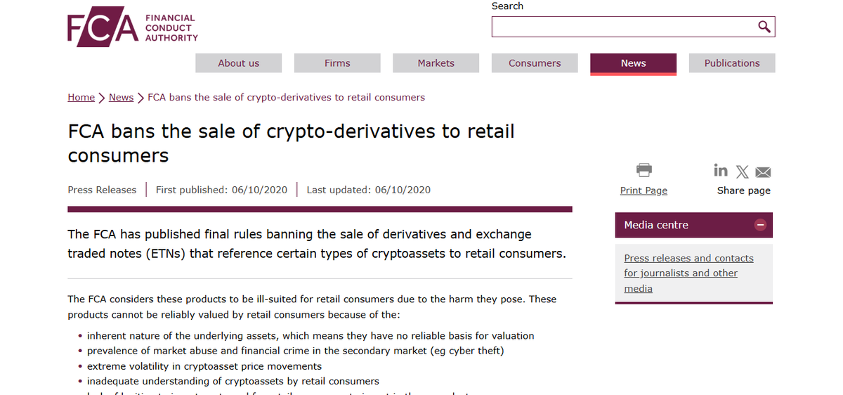 FCA page confirming the ban on crypto-asset CFDs for UK retail clients