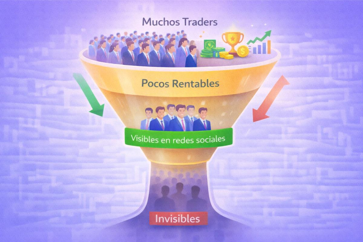 Diagrama del sesgo de supervivencia en trading mostrando traders visibles vs invisibles