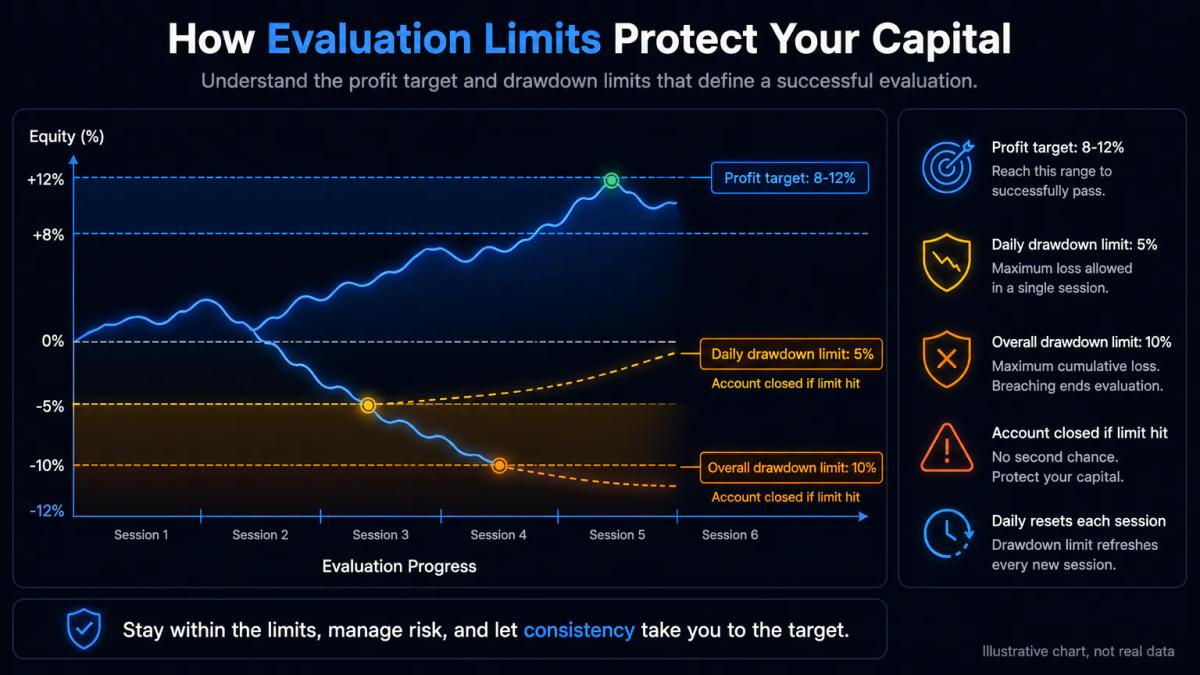 Profit target and drawdown limits annotated on a capital curve showing daily and overall drawdown zones