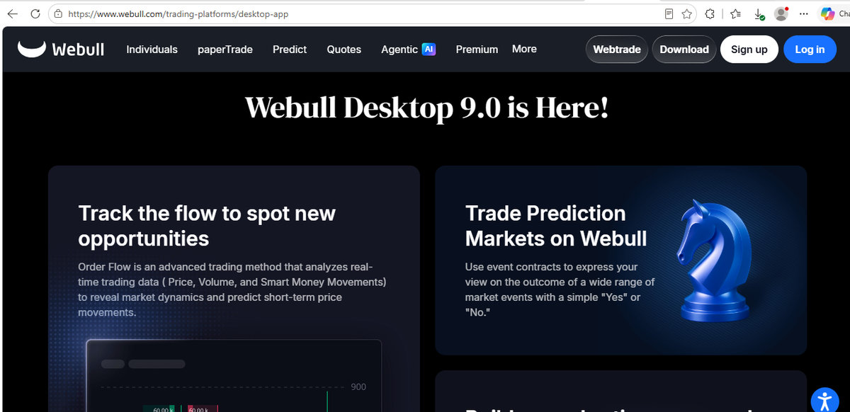 Página de plataformas de Webull mostrando Desktop y Mobile con herramientas gráficas