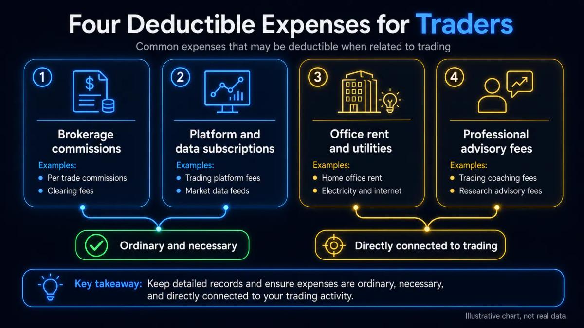 List of deductible trading expenses including commissions, platform fees, data subscriptions, and office costs