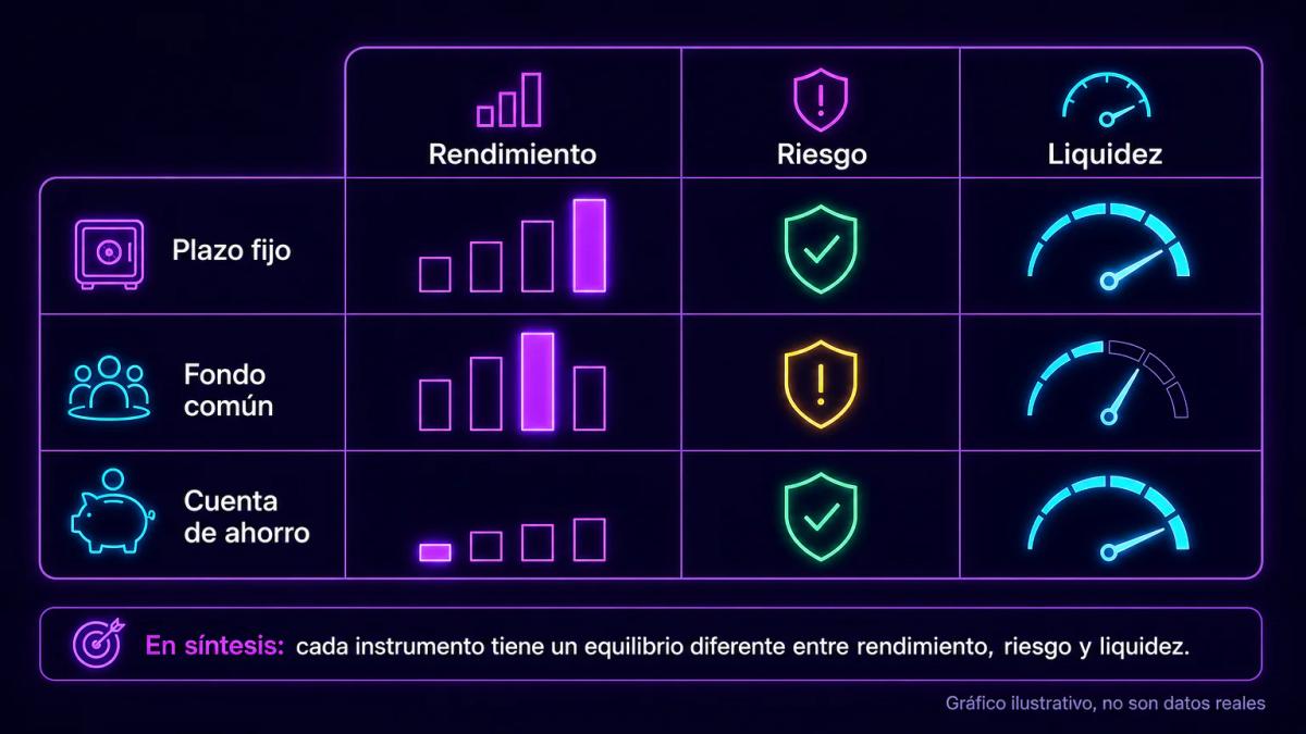 Tabla comparativa de plazo fijo, fondo común y cuenta de ahorro con tres columnas de rendimiento, riesgo y liquidez