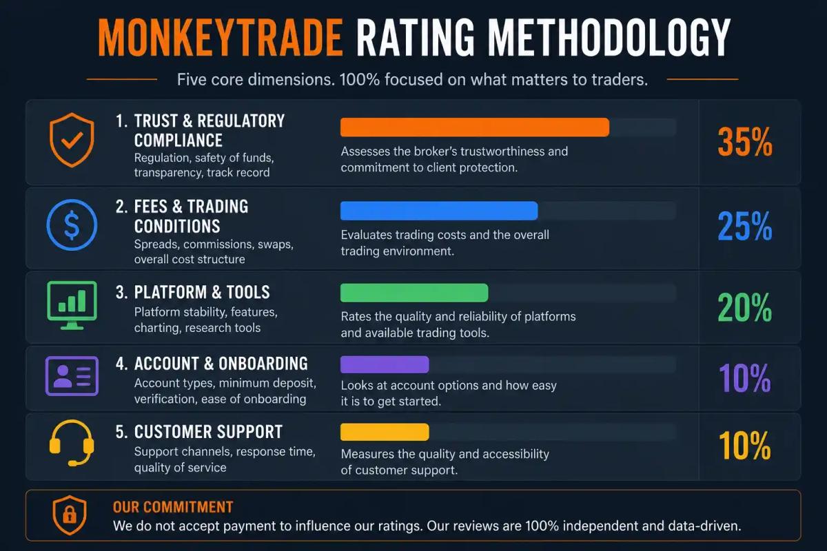 MonkeyTrade broker rating methodology showing five dimensions and percentage weightings