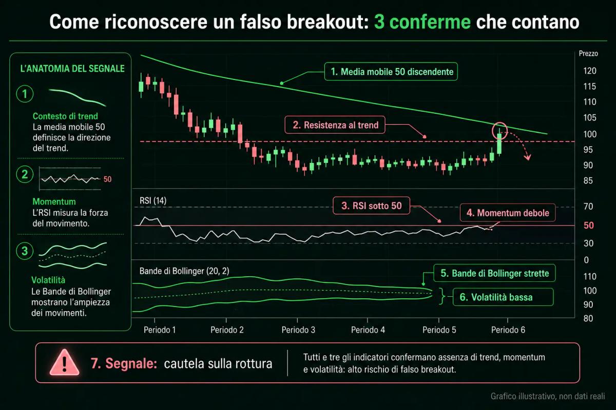 Grafico editoriale con medie mobili, RSI e bande di Bollinger che filtrano un falso breakout