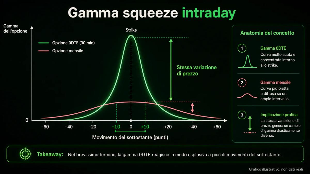 Infografica che confronta la gamma di un'opzione 0DTE con quella di un'opzione mensile a parità di strike