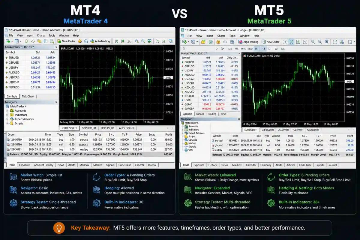 MT4 vs MT5 platform interface side-by-side comparison for traders