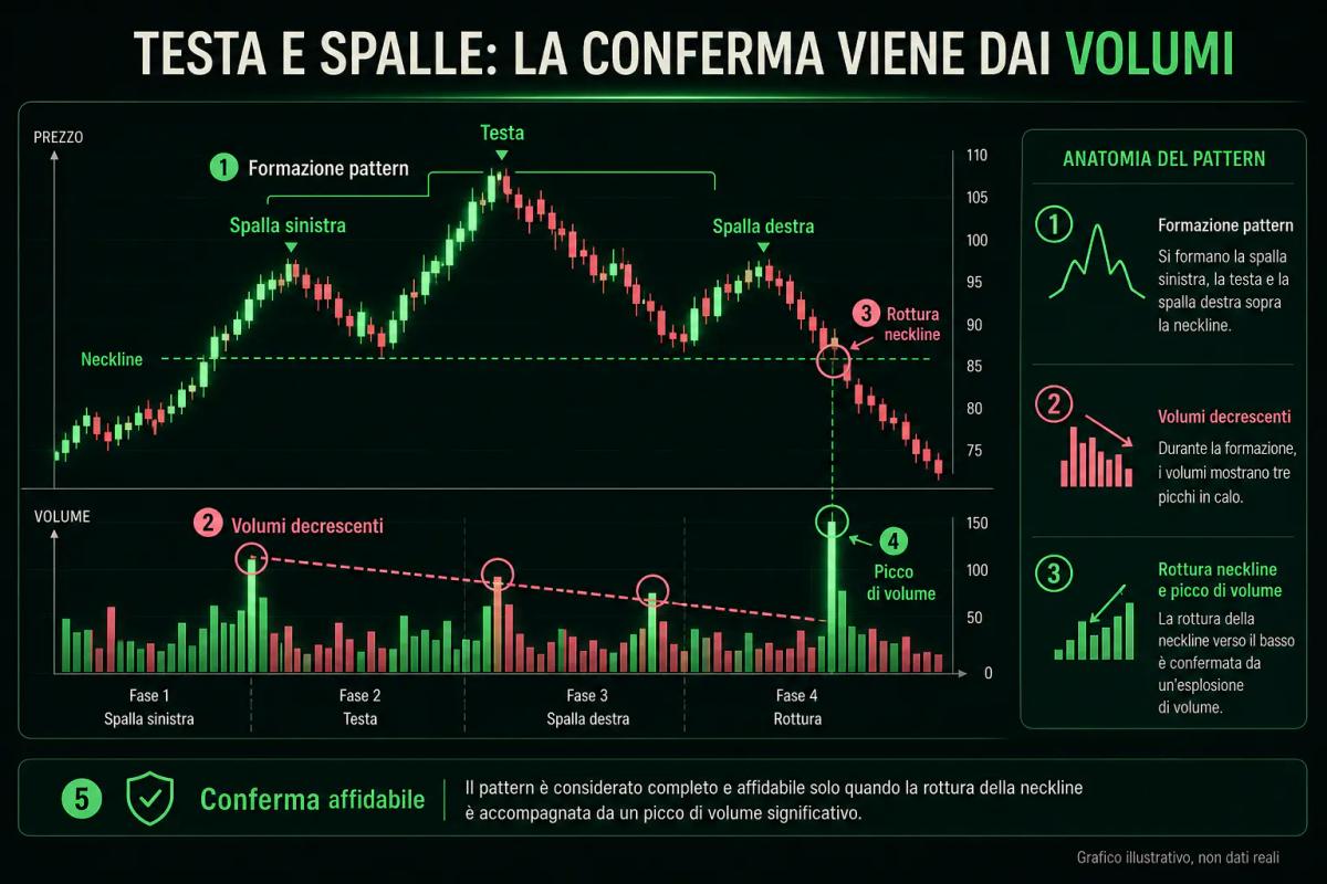 Grafico editoriale che mostra volumi decrescenti durante il pattern e picco di volume alla rottura della neckline