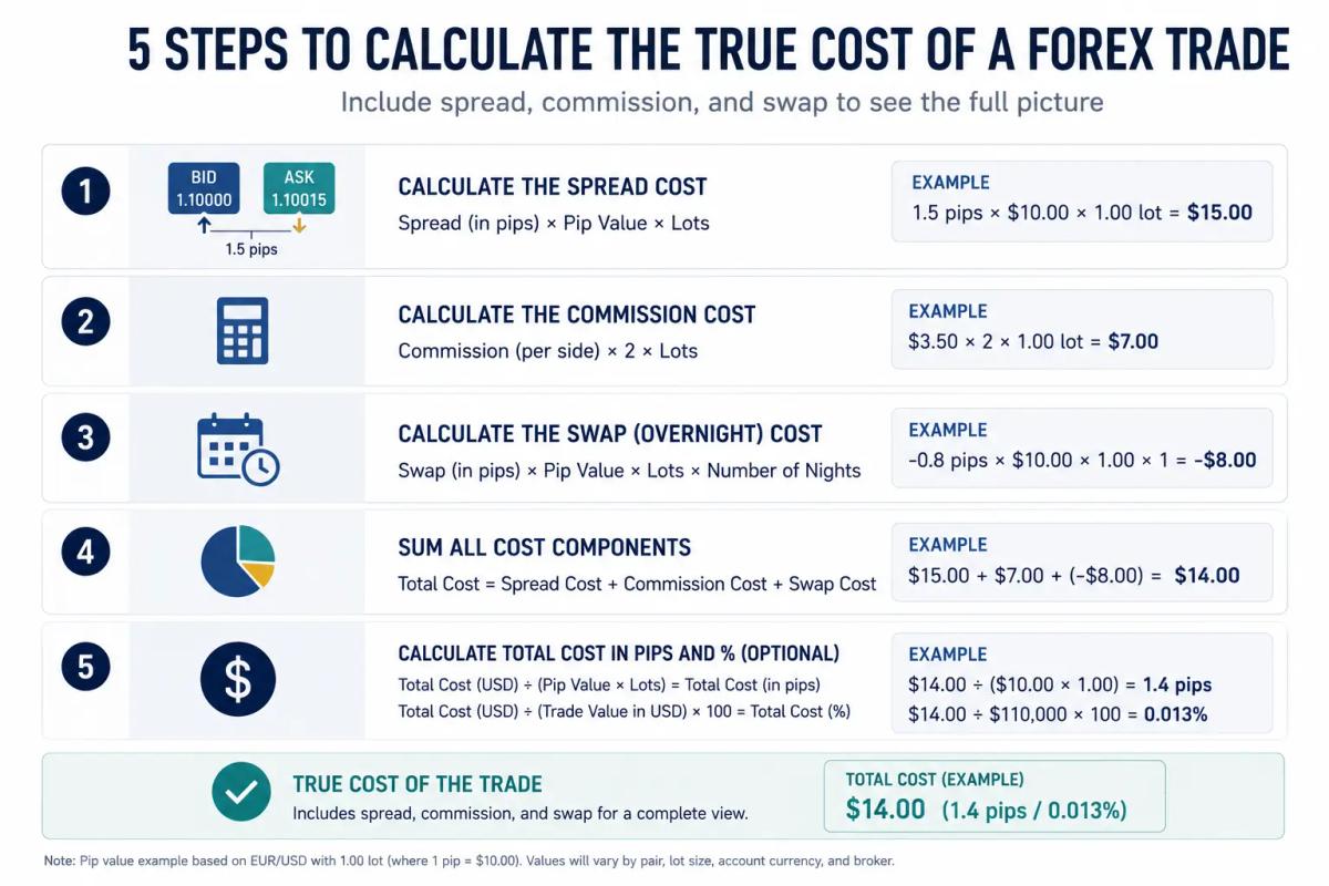 Step-by-step diagram for calculating the true cost of a forex trade including spread commission and swap