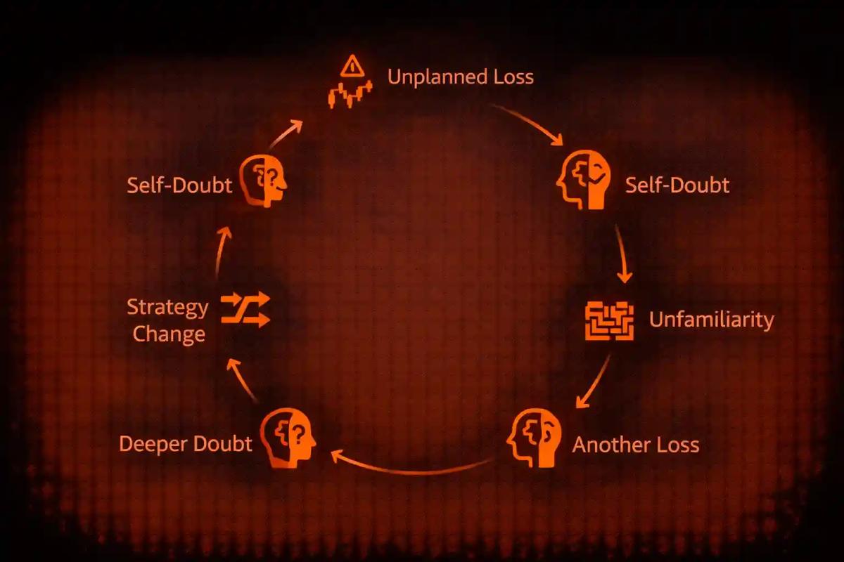 Cycle diagram showing how strategy-hopping creates a loop of unplanned losses, self-doubt, and deeper doubt