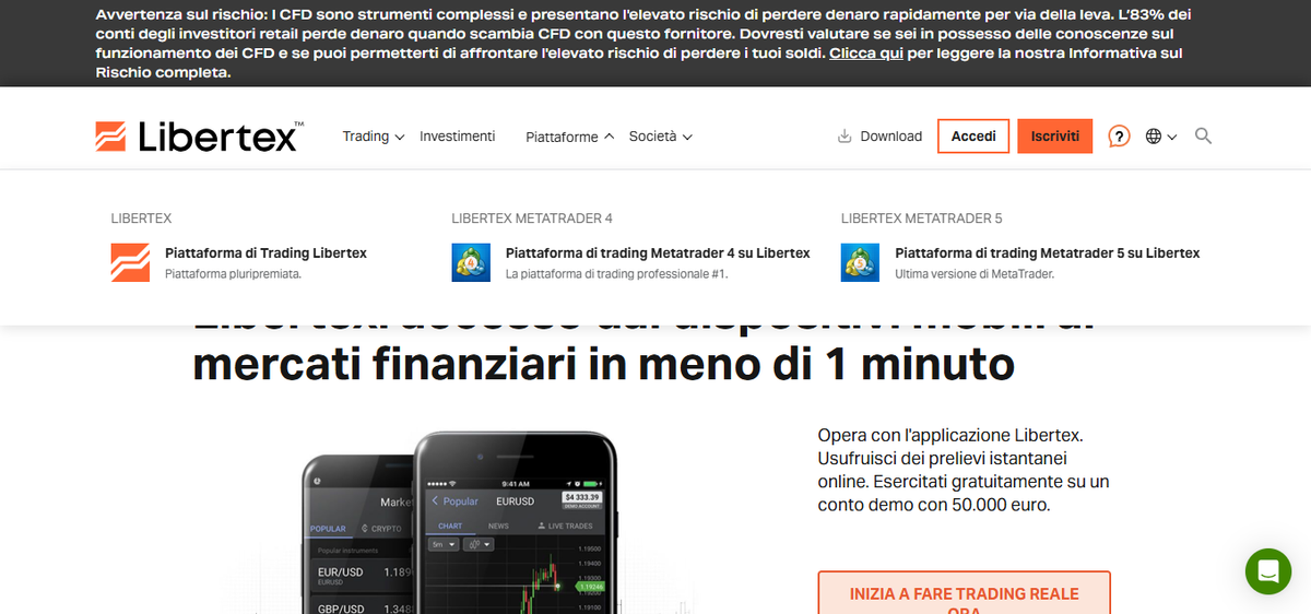 Sezione piattaforme Libertex con app proprietaria e supporto MetaTrader 4 e 5