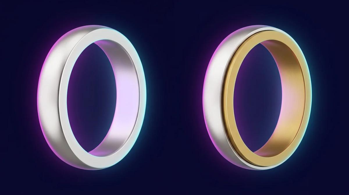 Corte transversal de dos anillos: uno macizo de oro blanco y otro chapado mostrando capa fina sobre latón
