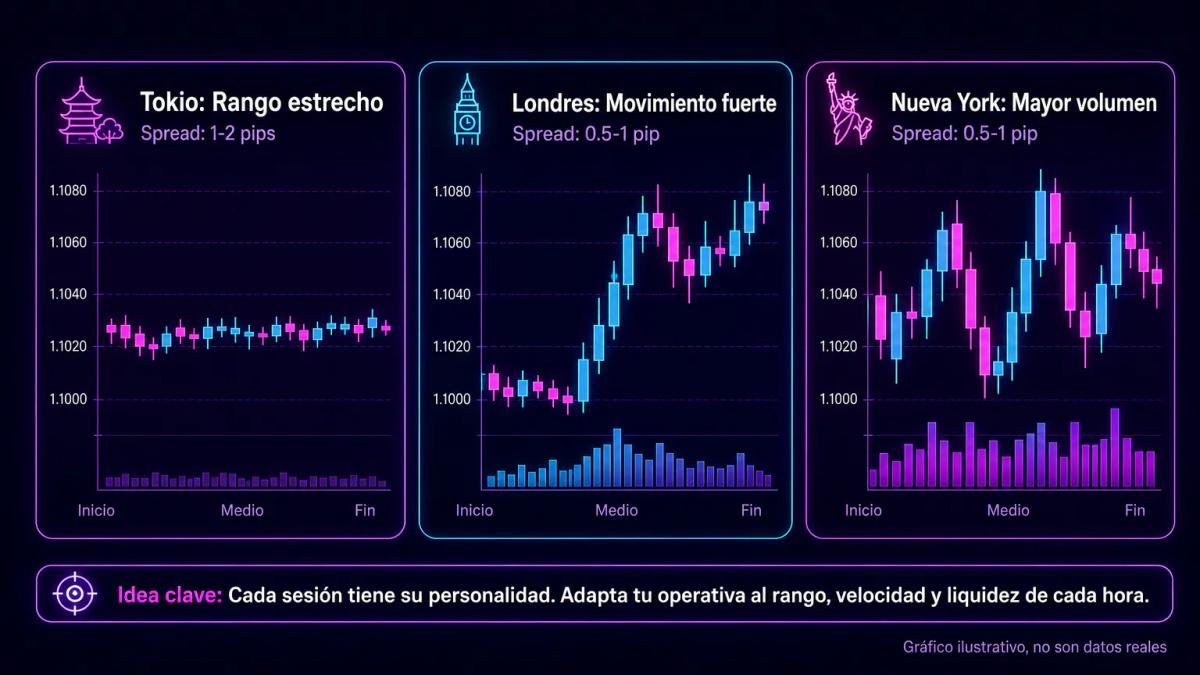 Tres gráficos de velas lado a lado comparando volatilidad y spreads de Tokio, Londres y Nueva York con anotaciones de rango y