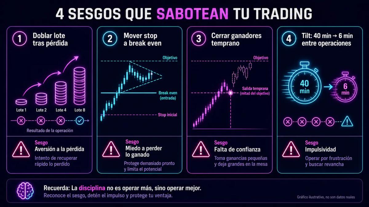Tabla comparativa de comportamientos emocionales detectados: doblar lote tras pérdida, mover stop loss a break even, cerrar g