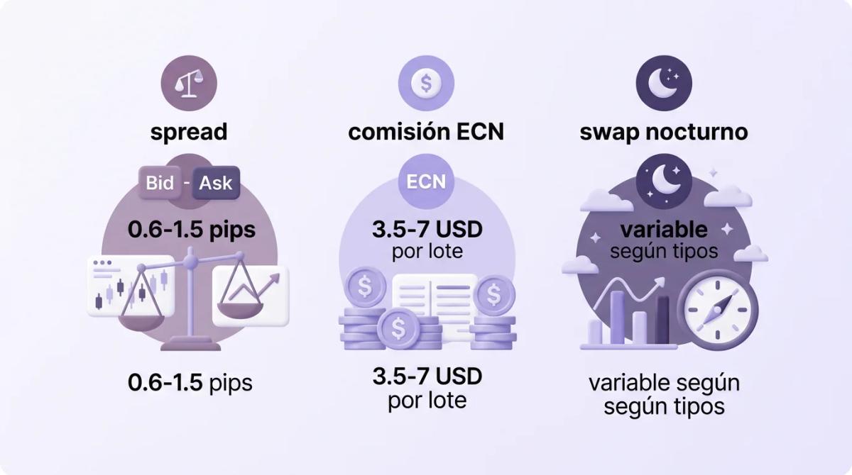 Tabla comparativa de costos de CFD: spread, comisión y swap nocturno con valores numéricos