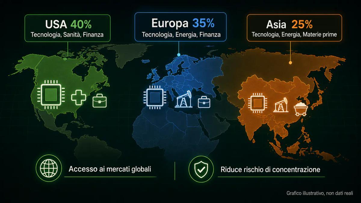 Mappa mondiale con tre regioni geografiche evidenziate e icone di settori economici distribuiti su ciascuna