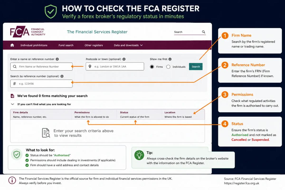 How to check the FCA register to verify a forex broker's regulatory status