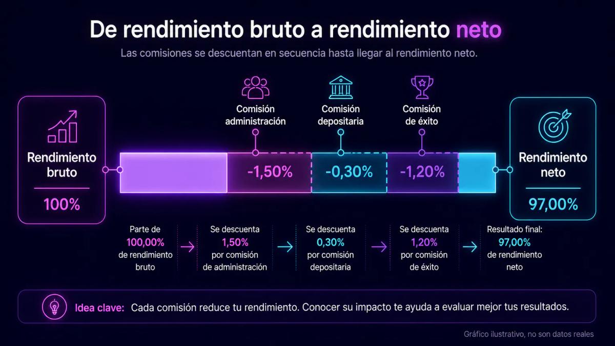 Desglose de comisiones en fondos FIMA mostrando administración, depositaria y comisión de éxito como capas que reducen rendim