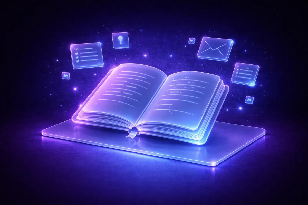 Cuaderno 3D vítreo abierto con líneas de escritura abstractas en luz suave y elementos geométricos translúcidos sobre fondo púrpura-cian