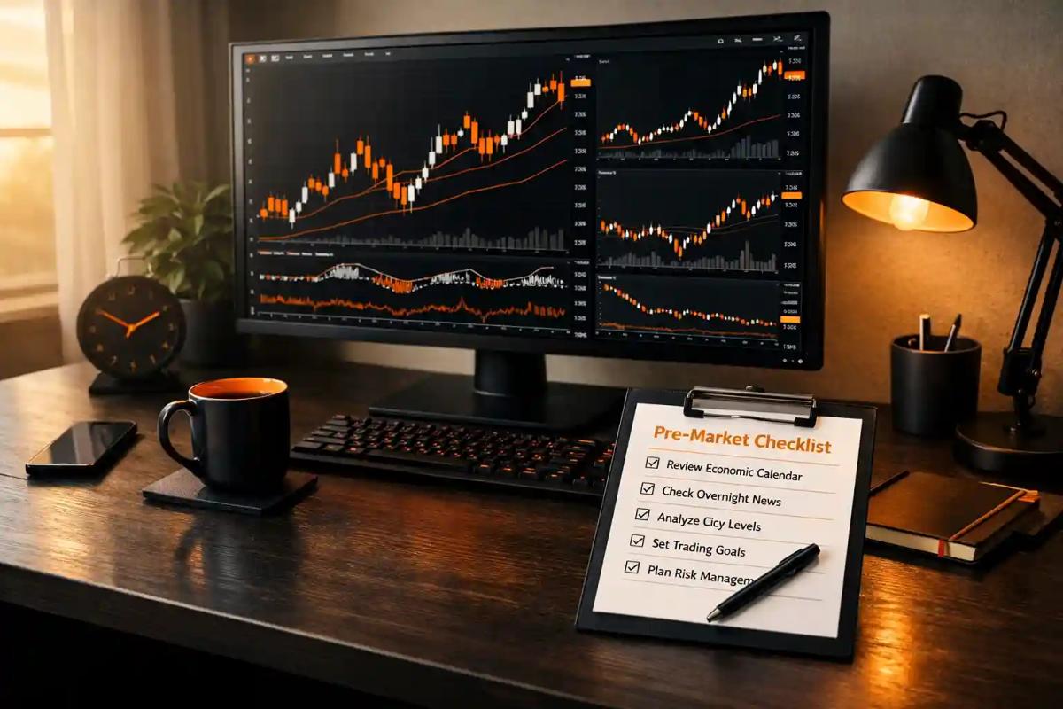 Professional trading desk setup with charts on monitor and pre-market checklist during morning preparation