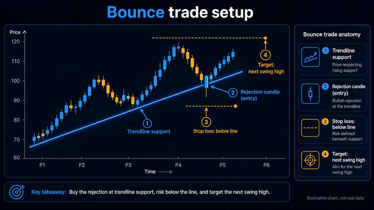 Uptrend trendline with price bouncing off it, stop loss placed below the line, target at the next swing high