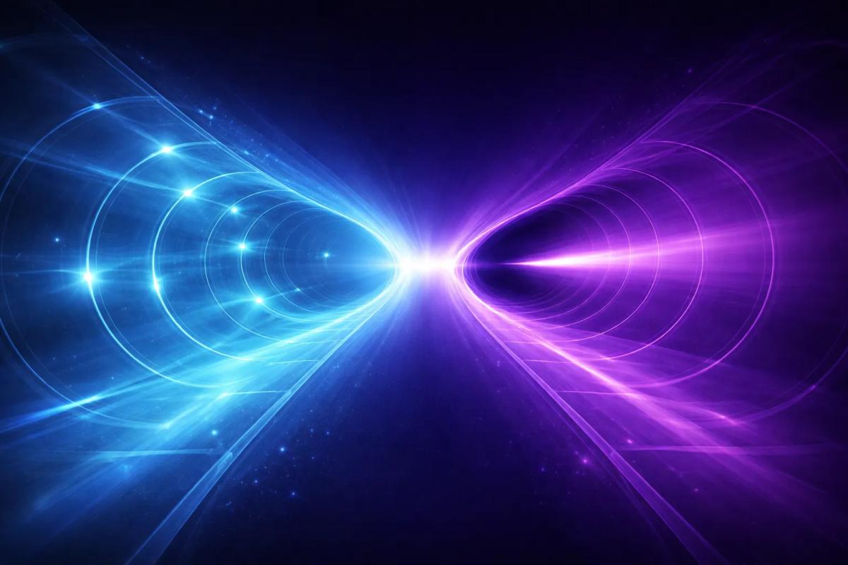 Dos caminos de vidrio 3D divergentes, uno con múltiples entradas de luz y otro estrecho y unidireccional