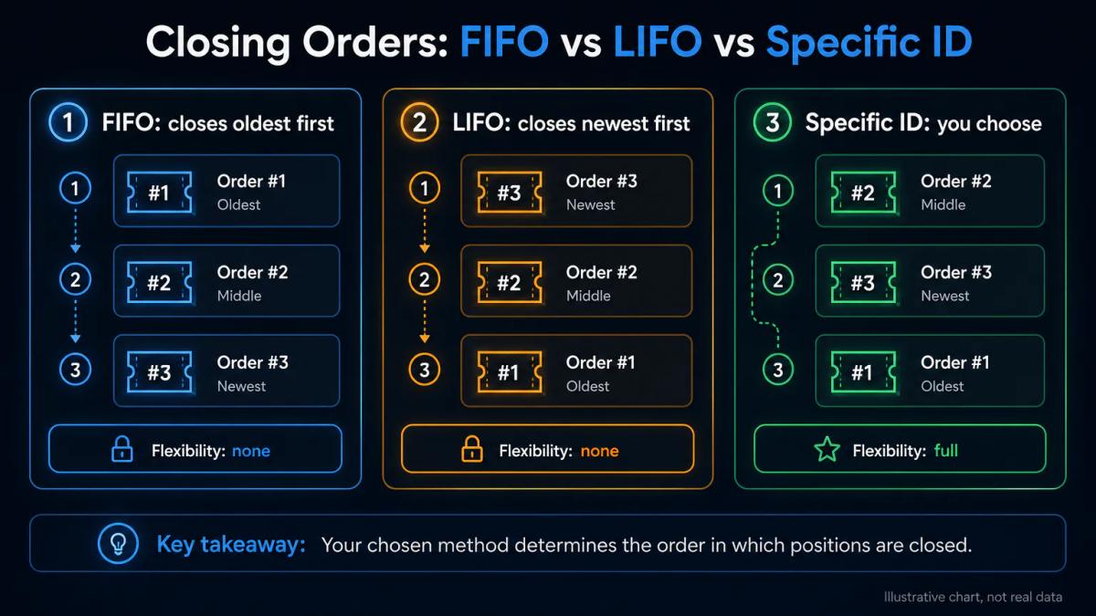 Comparison table of FIFO, LIFO and specific identification methods with position-closing order and flexibility