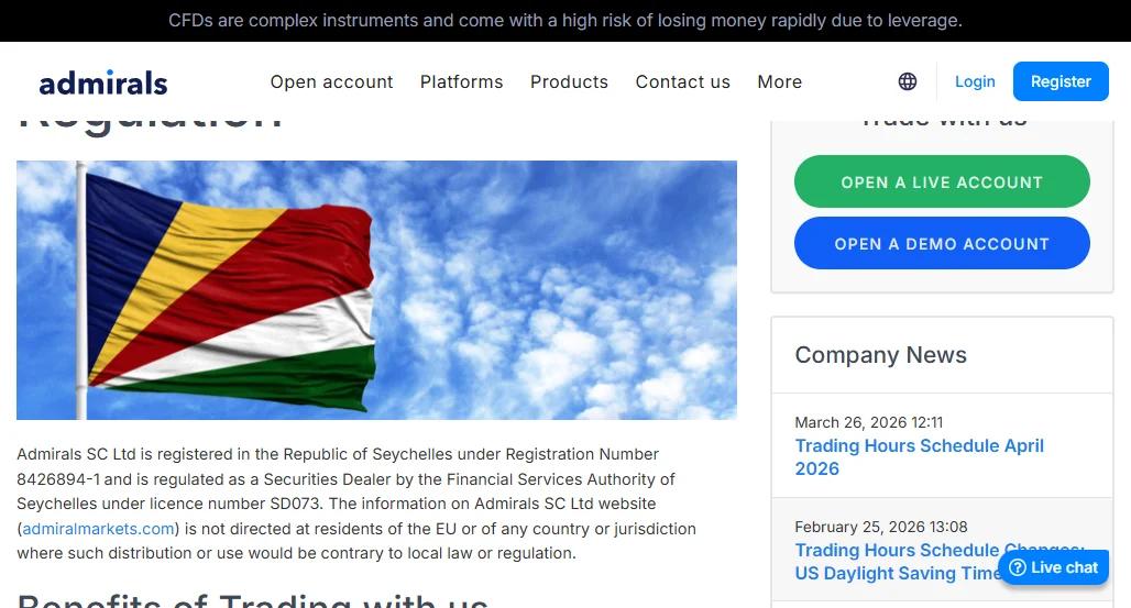 Captura de pantalla de las licencias regulatorias de Admirals incluyendo FCA, ASIC y CySEC