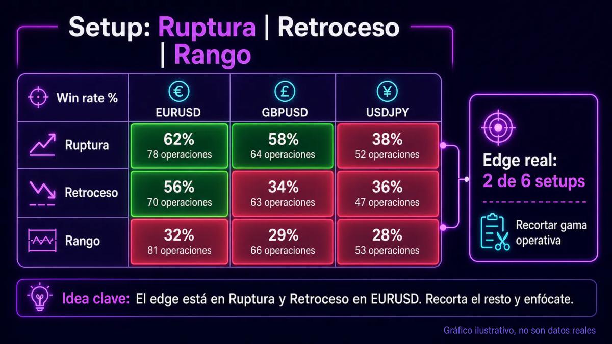 Matriz de segmentación de rendimiento: filas para setup, columnas para activo y sesión, celdas coloreadas por win rate y P&L