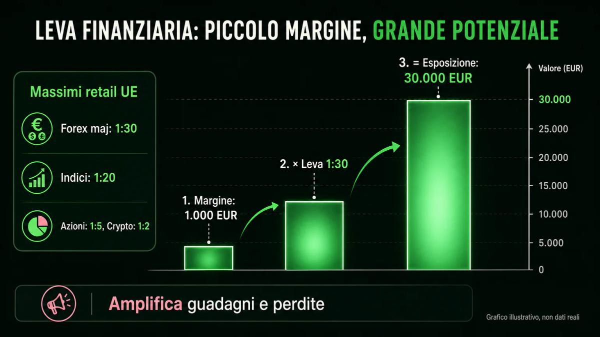 Tre blocchi di dimensione crescente che mostrano margine, leva e valore nozionale della posizione