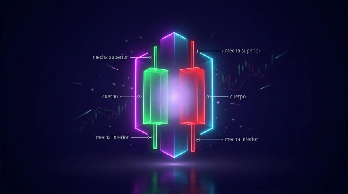 Diagrama comparativo de velas alcistas y bajistas con cuerpos y mechas etiquetados
