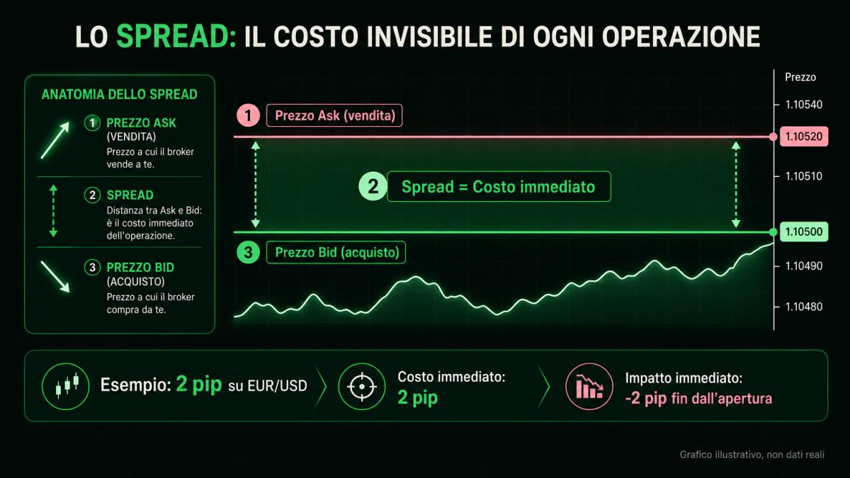Grafico editoriale che illustra il prezzo bid, il prezzo ask e lo spread tra loro con annotazioni chiare