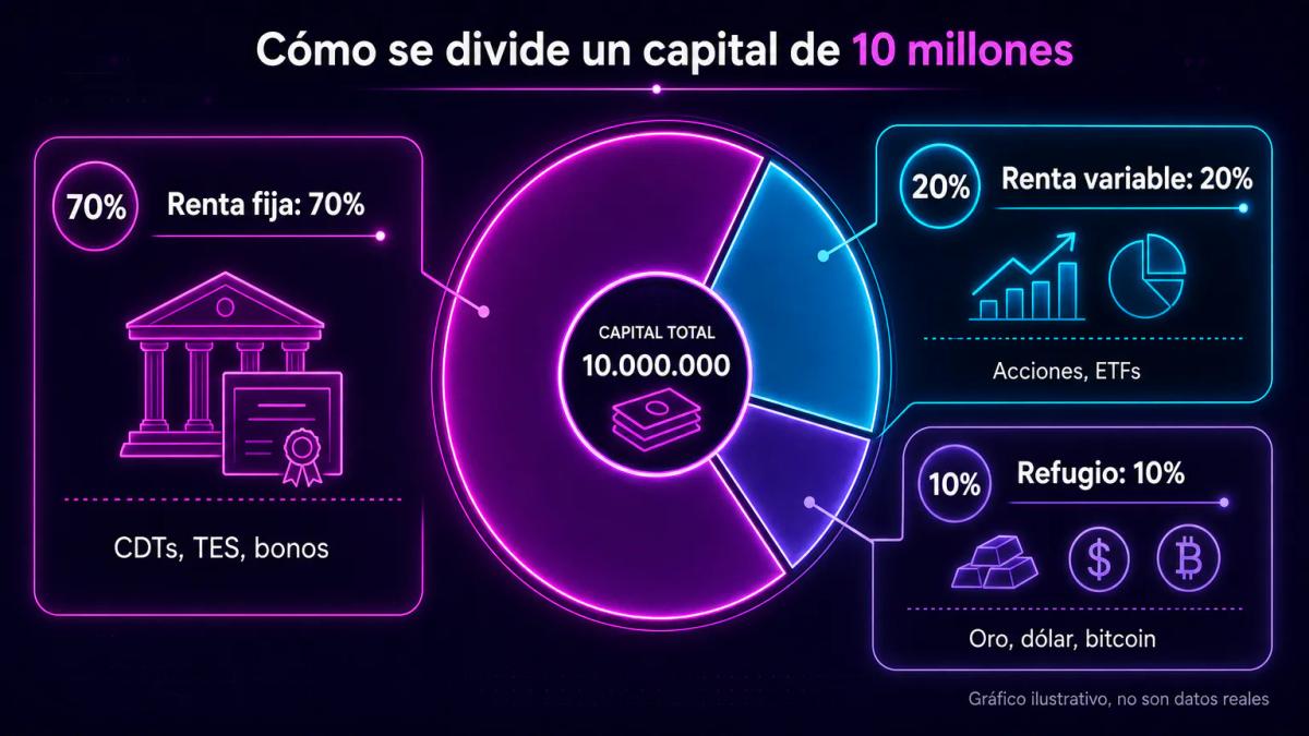 Gráfico editorial mostrando la distribución de 10 millones en renta fija, renta variable y activos de refugio con porcentajes