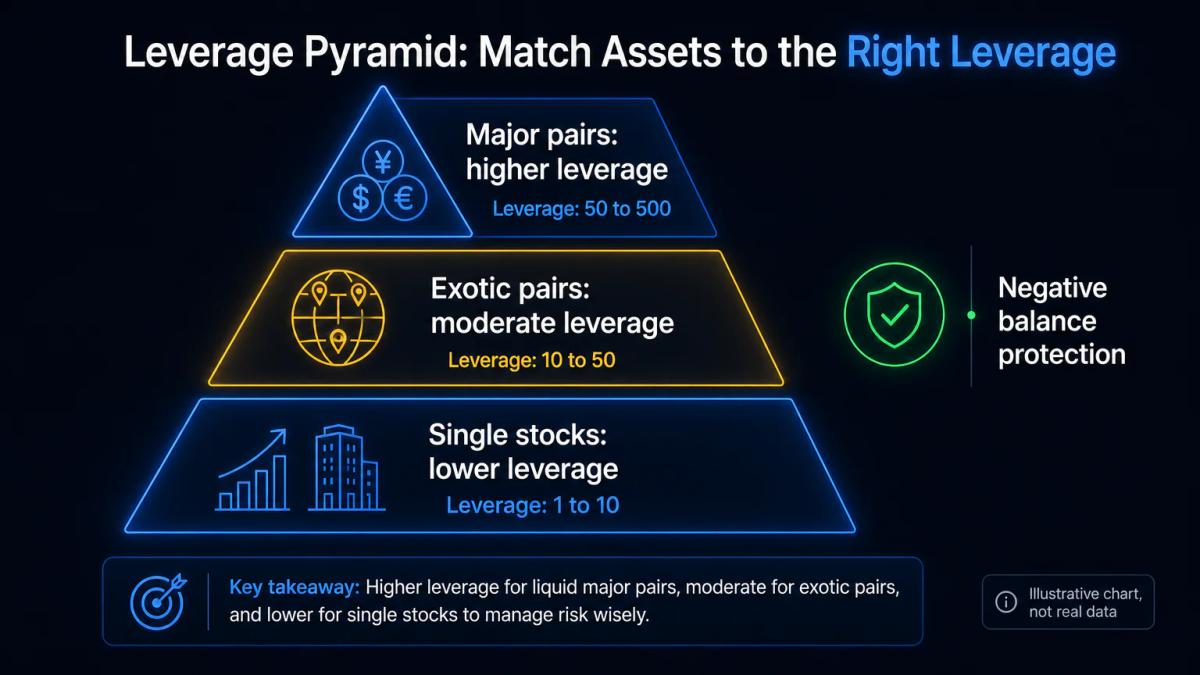 Tiered leverage pyramid showing major pairs at higher leverage, exotic pairs and single stocks at lower leverage