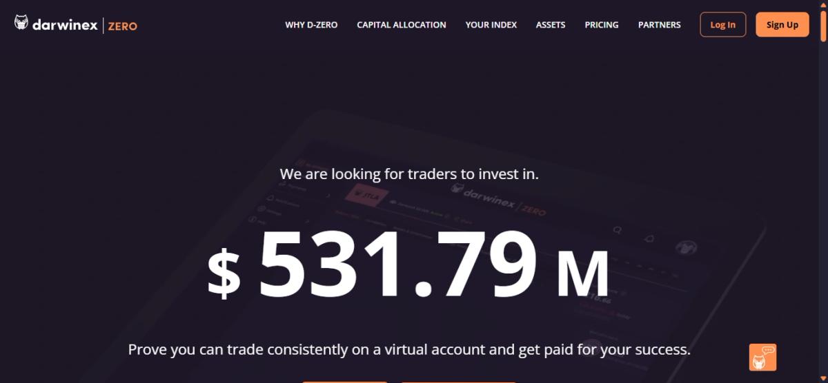 Darwinex Zero homepage showing subscription-based prop trading model and FCA regulation