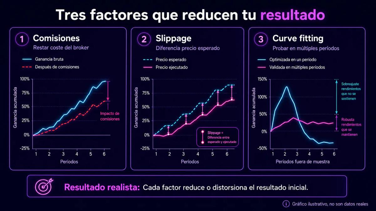 Comparación visual de tres factores que reducen resultados de backtesting: comisiones, slippage y curve fitting