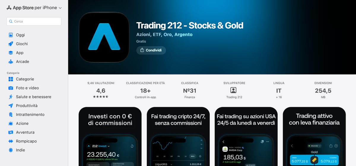 Scheda App Store di Trading 212 con anteprime dell’app e valutazioni