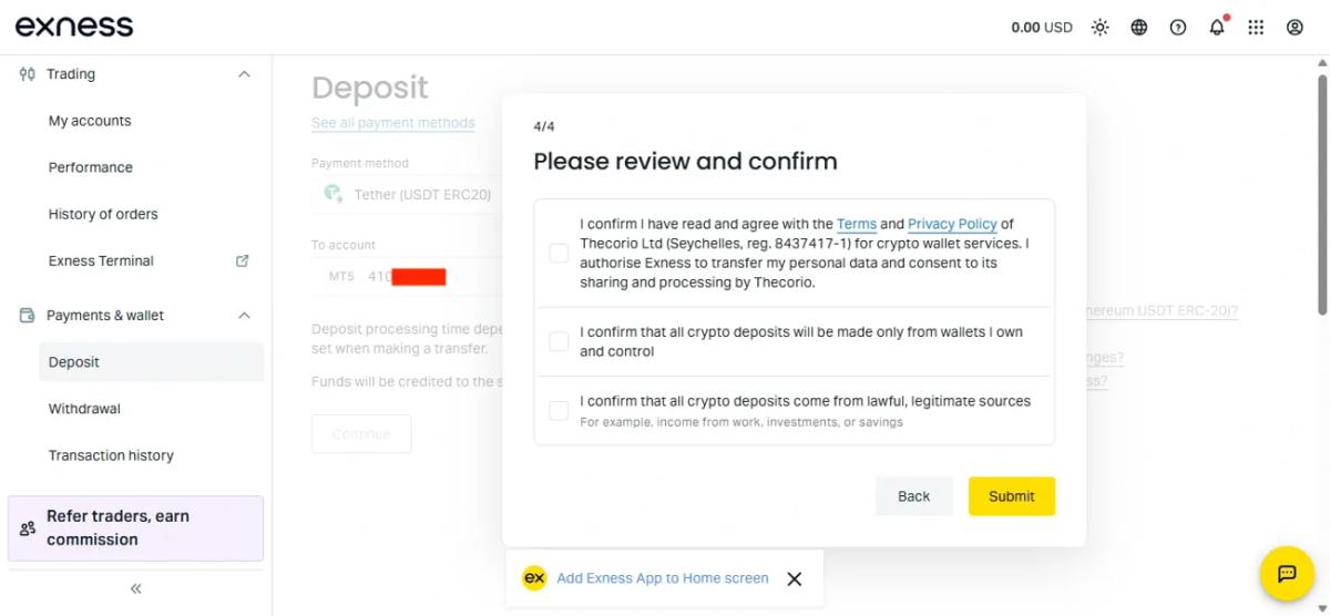 Exness crypto deposit step requiring consent to the terms of a separate company, Thecorio Ltd