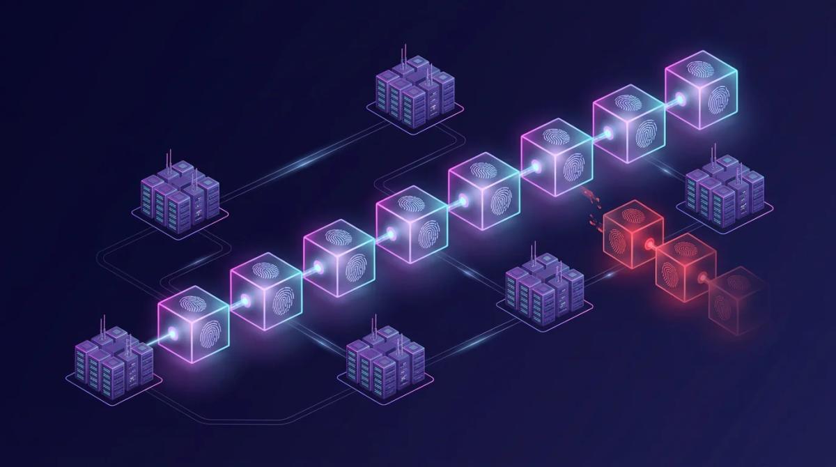 Diagrama de blockchain con bloques enlazados por hashes, nodos validadores distribuidos alrededor