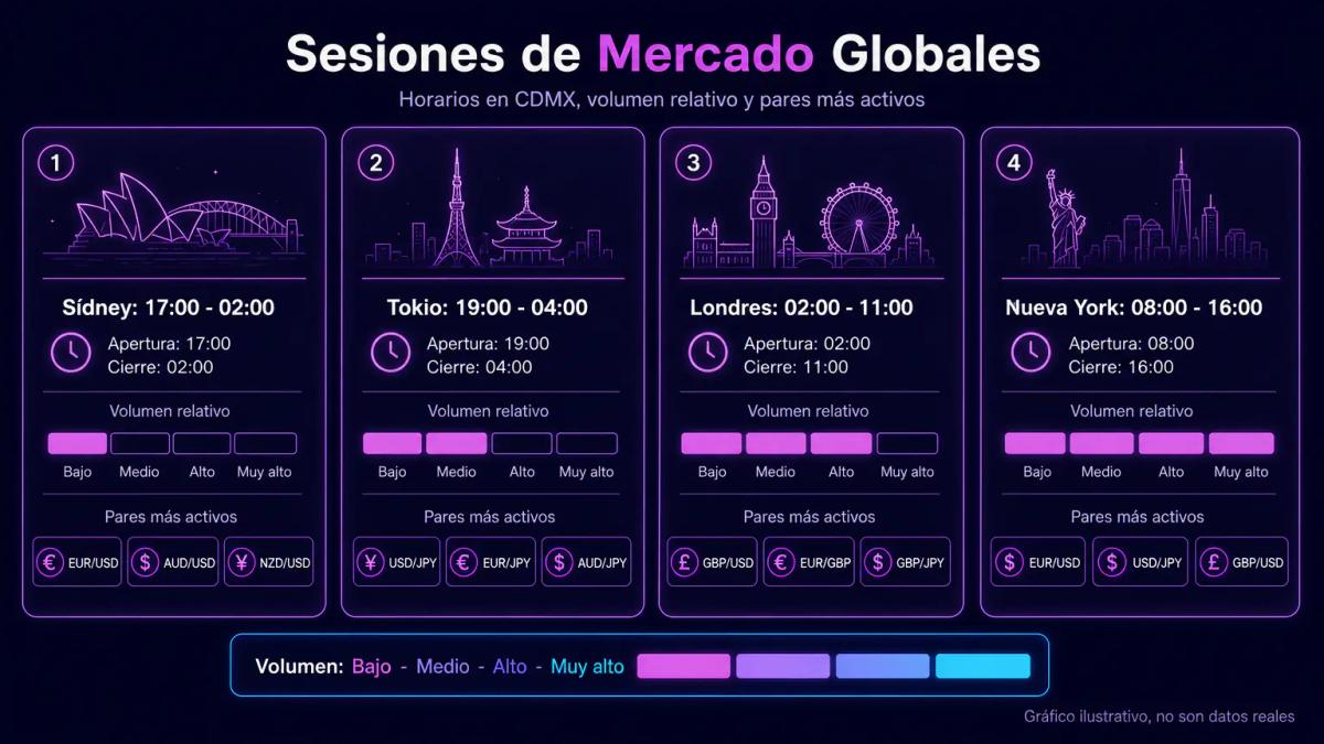 Tabla comparativa de las cuatro sesiones Forex con horarios de apertura y cierre en CDMX