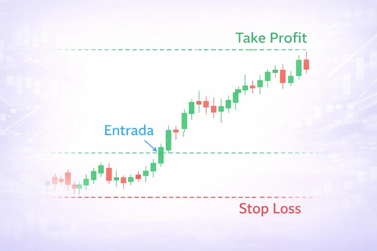 Gráfico de velas simplificado con líneas de take profit y stop loss en una operación de compra